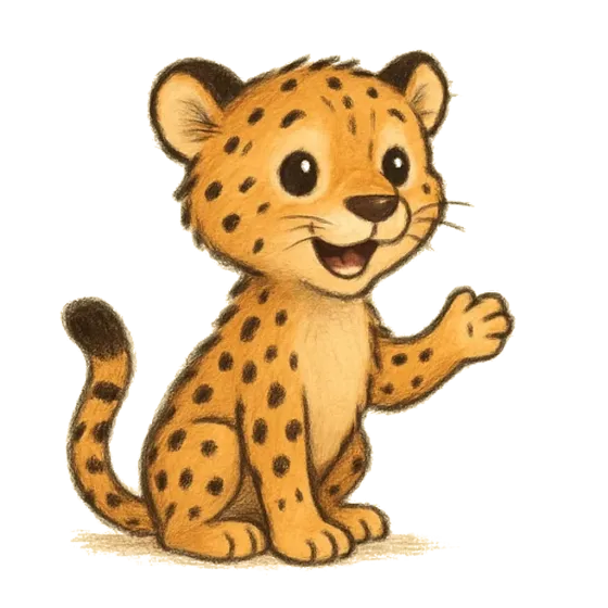 Curio, Kidscient’s hand-drawn cheetah cub, sitting up and waving hello.